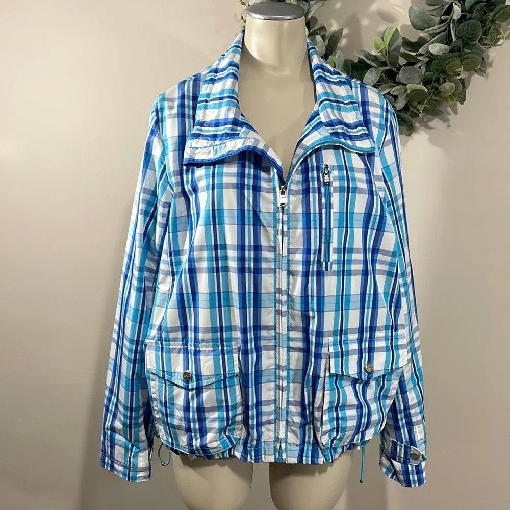 NWOT L-RL Lauren Active Ralph Lauren Blue and White Plaid Windbreaker Jacket L